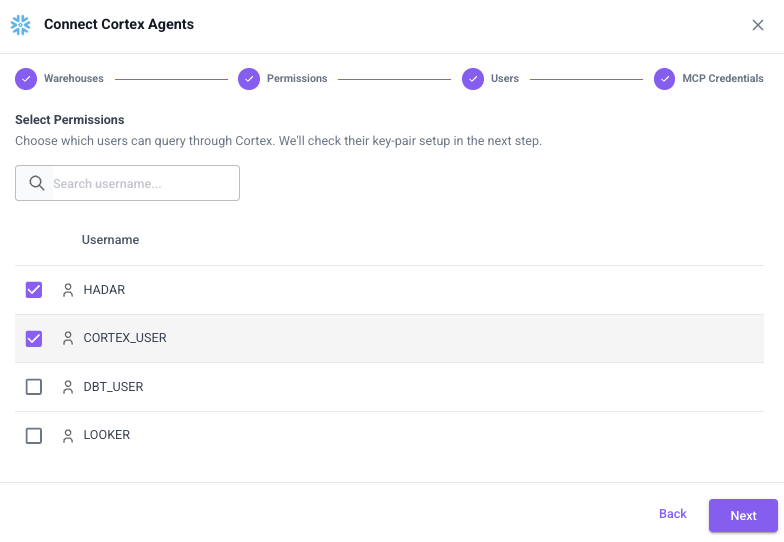 Select warehouses for the Cortex Agent MCP