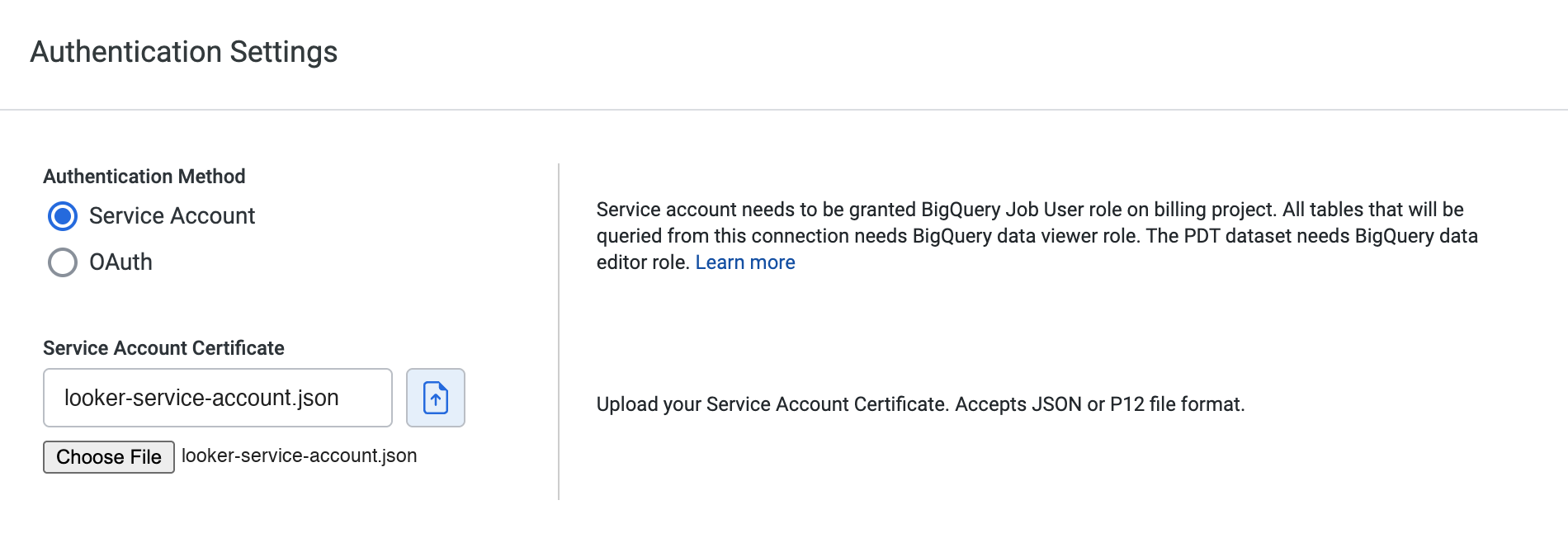 Re-uploading the service account certificate in Looker