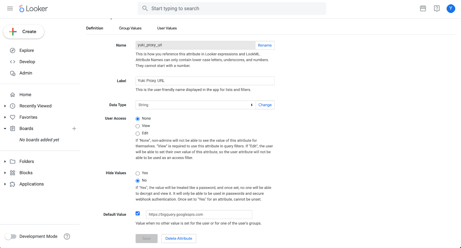Creating the yuki_proxy_url user attribute in Looker