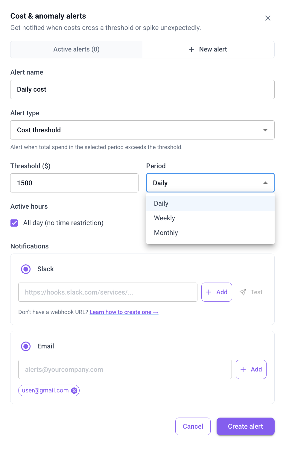 Configuring alert threshold, schedule, and notifications